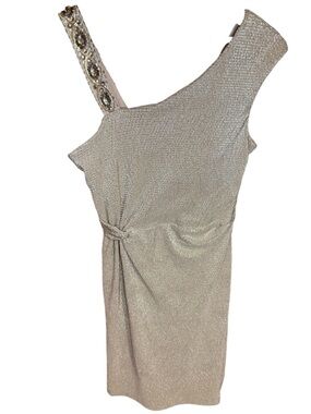 Jackie Jon Size 12 One Shoulder Champagne Metallic Cocktail Dress Beaded Wedding